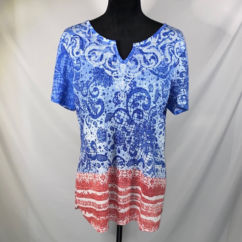 Christopher & Banks Paisley Short Sleeve V-Neck Top Medium Blue Red
